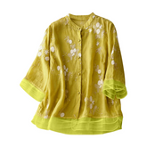 LONGZUVS Womens Workout Tops on Clearance Solid Color Embroidered Cotton Linen Blouse Vintage Casual Loose Collar Tops Shirt Womens Long Sleeve Tops,Yellow,XL